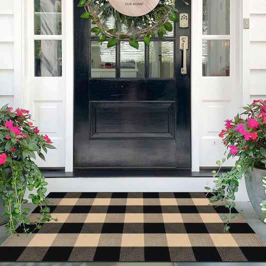 IOHOUZE Buffalo Plaid Checkered Rug 27.5 x 43 Inches Front Door Mats, Washable Area Rugs for Front Porch Welcome Mats Indoor Outdoor, Entryway Door Rug for Entryway, Home Entrance, Tan Black