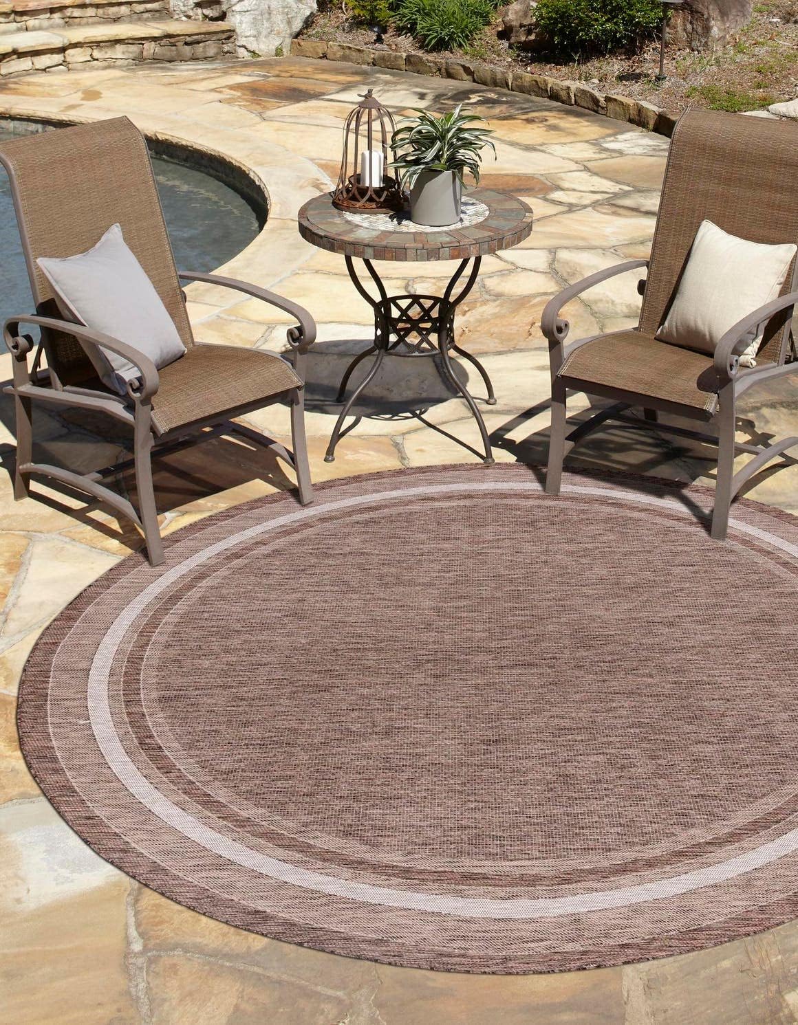 Unique Loom Outdoor Border Collection Area Rug - Soft Border (5' 3" Round Brown/Ivory)