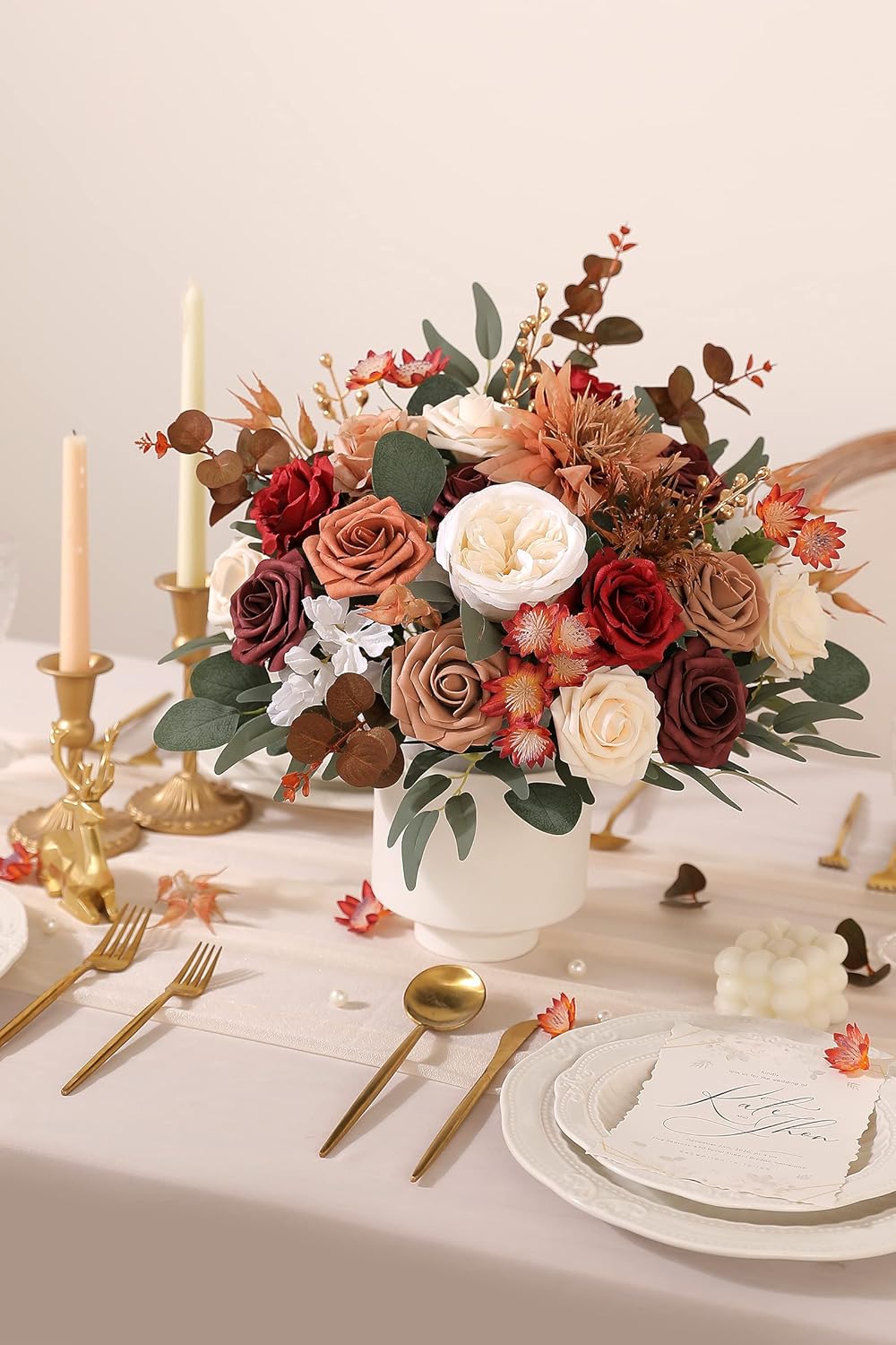 Artificial Flower Box Set Silk Fake Flowers for DIY Wedding Hand Bouquet Flower Arrangement Bouquet Centerpiece Decorations Baby Shower Party Home Decorations (Burgundy)