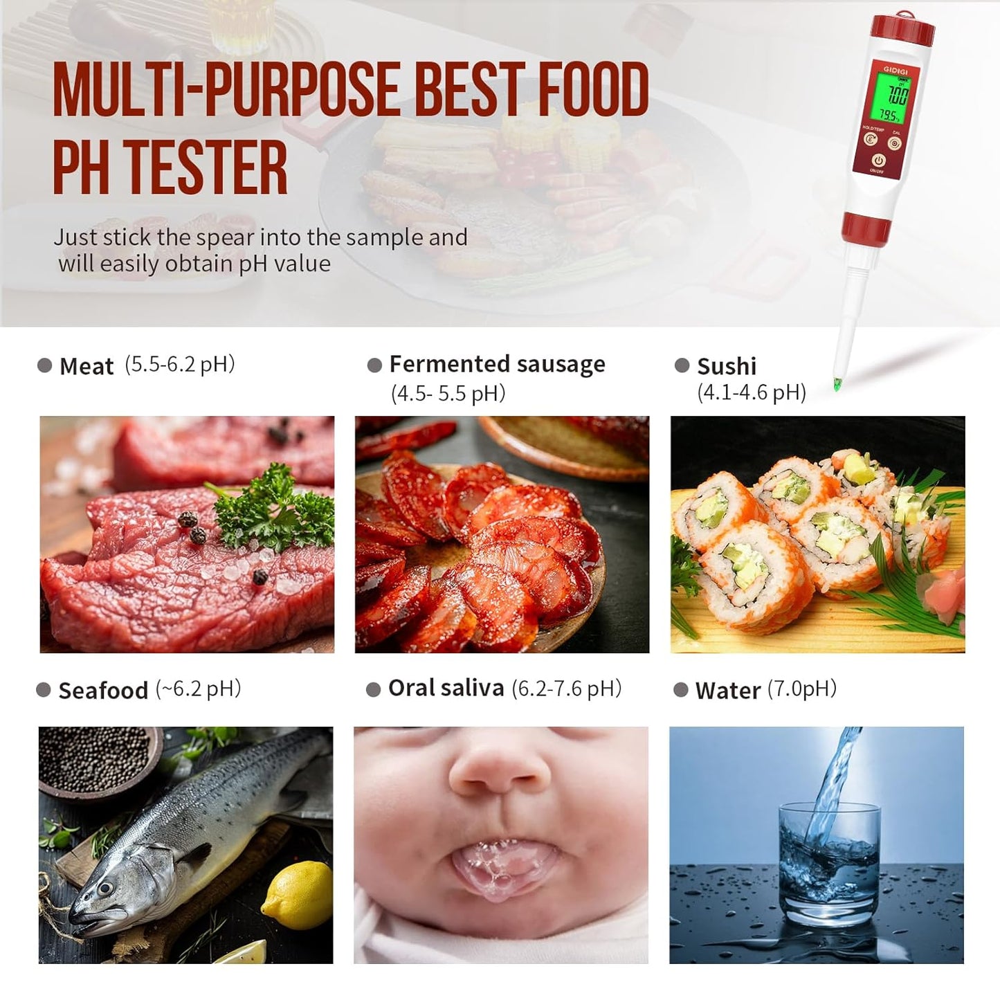 pH Meter for Food Digital pH Meter for Fermentation Hot Sauce Canning Spear Tip pH Food Tester Probe for Cheese Cooking Sourdough Bread Saliva Water Resistant Food Acidity Tester for Solid and Water