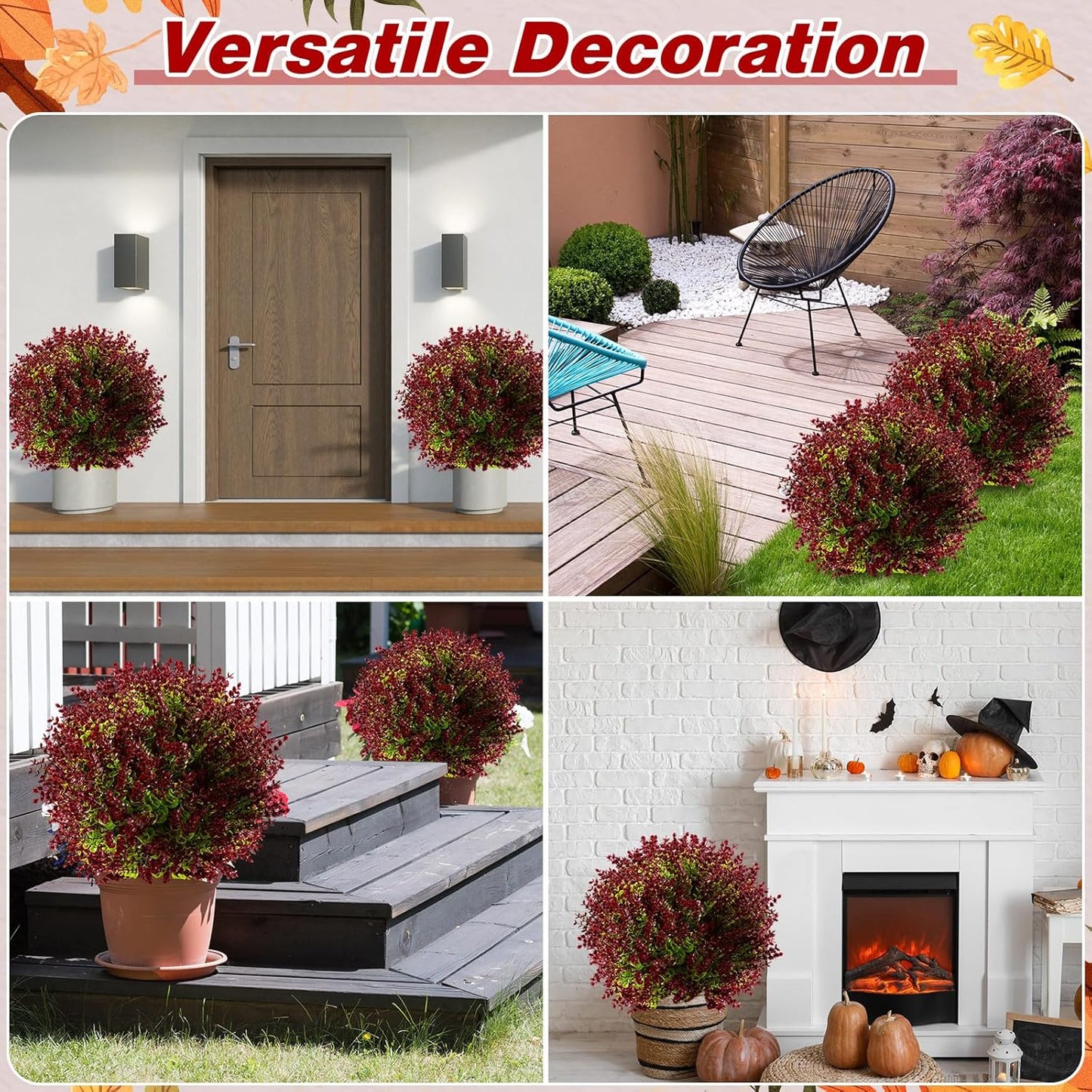 Yunlly 2 Pcs 18 Inch Artificial Boxwood Ball Topiary Tree Fake Outdoor Plants Bush, UV Resistance Faux Shrub with Spike Realistic Greenery Potted for Indoor Garden Yard Porch Patio Decor (Purple Red)