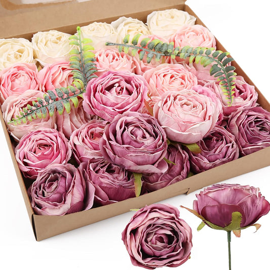 IPOPU Fake Roses 25pcs Vintage Purple Roses Artificial Flower for Decorations Colorful Artificial Roses Silk Flower Heads Bulk with Stems for Wedding Flowers Bouquet Centerpieces (Gradient Purple)