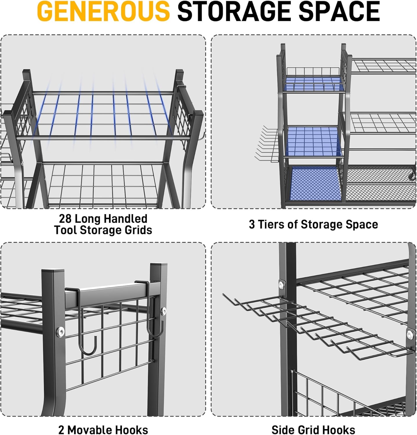 Ultrawall Garden Tool Organizer, Yard Tool Storage Rack for Garage Organization with Lockable Wheels, Garden Tool Stand for Rake, Brooms, Indoor & Outdoor Use