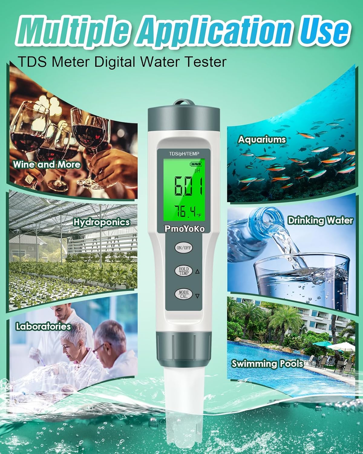 pH Meter, Digital PH Tester Pen 3 pH Calibration Powders ±0.01 pH Accuracy Pocket Size, Lcd display for Household Drinking, Pool and Aquarium