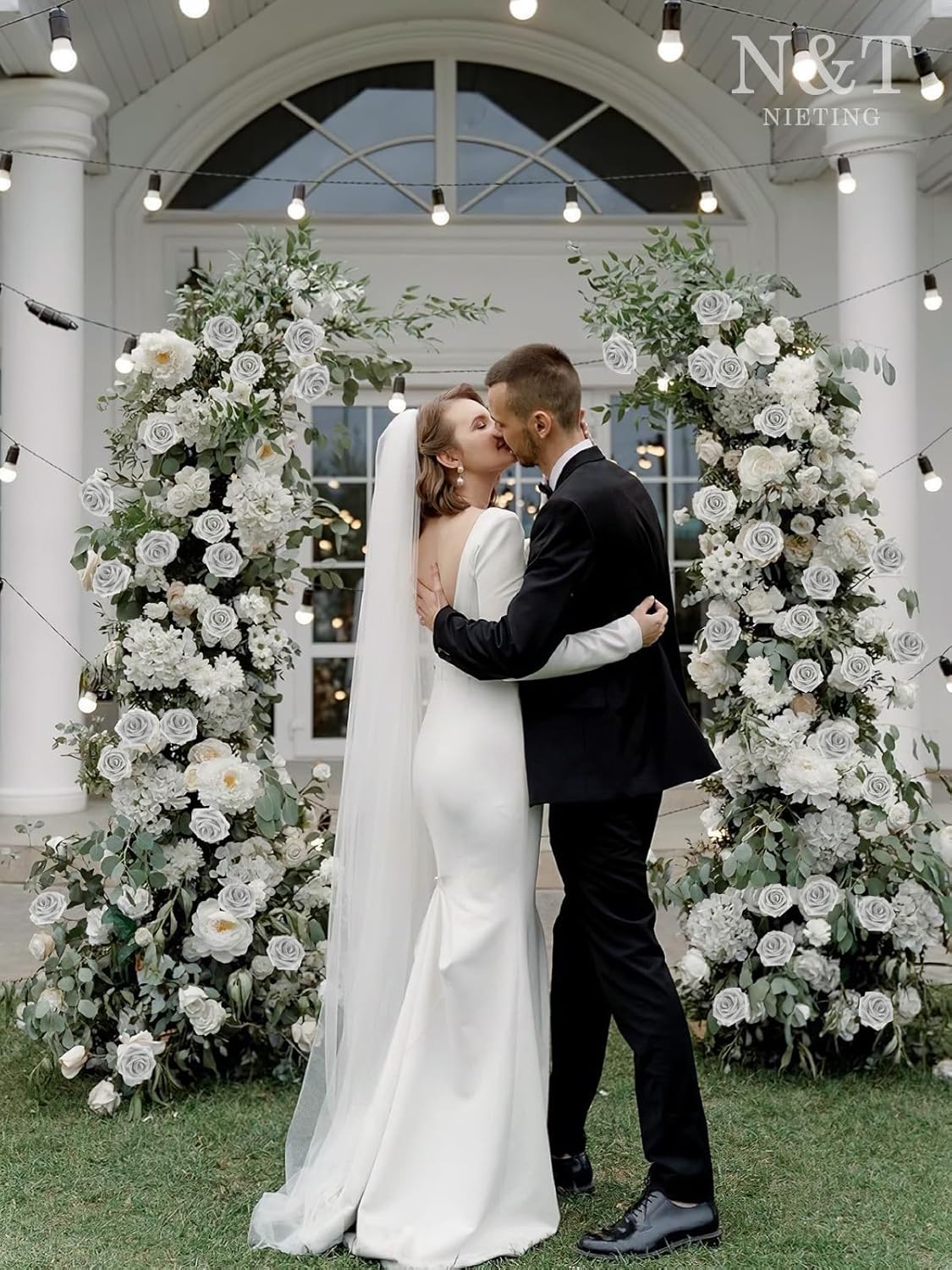 N&T NIETING Artificial Flowers, 25pcs Fake Flowers Roses with Stem for DIY Wedding Bouquets Centerpieces Bridal Shower Party Home Decoration, Silver White