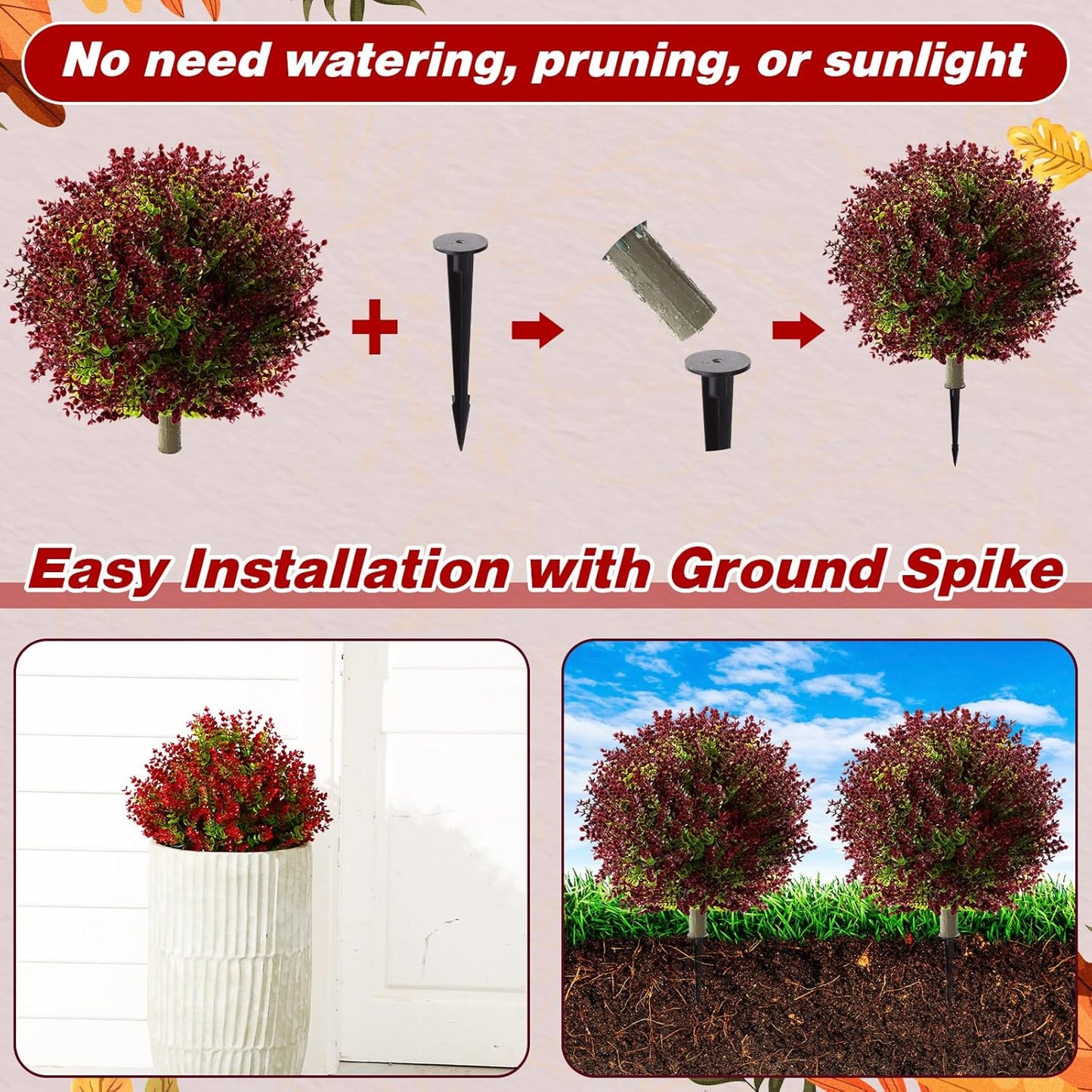 Yunlly 4 Pcs 18 Inch Artificial Boxwood Ball Topiary Tree Fake Outdoor Plants Bush, UV Resistance Faux Shrub with Spike Realistic Greenery Potted for Indoor Garden Yard Porch Patio Decor (Purple Red)