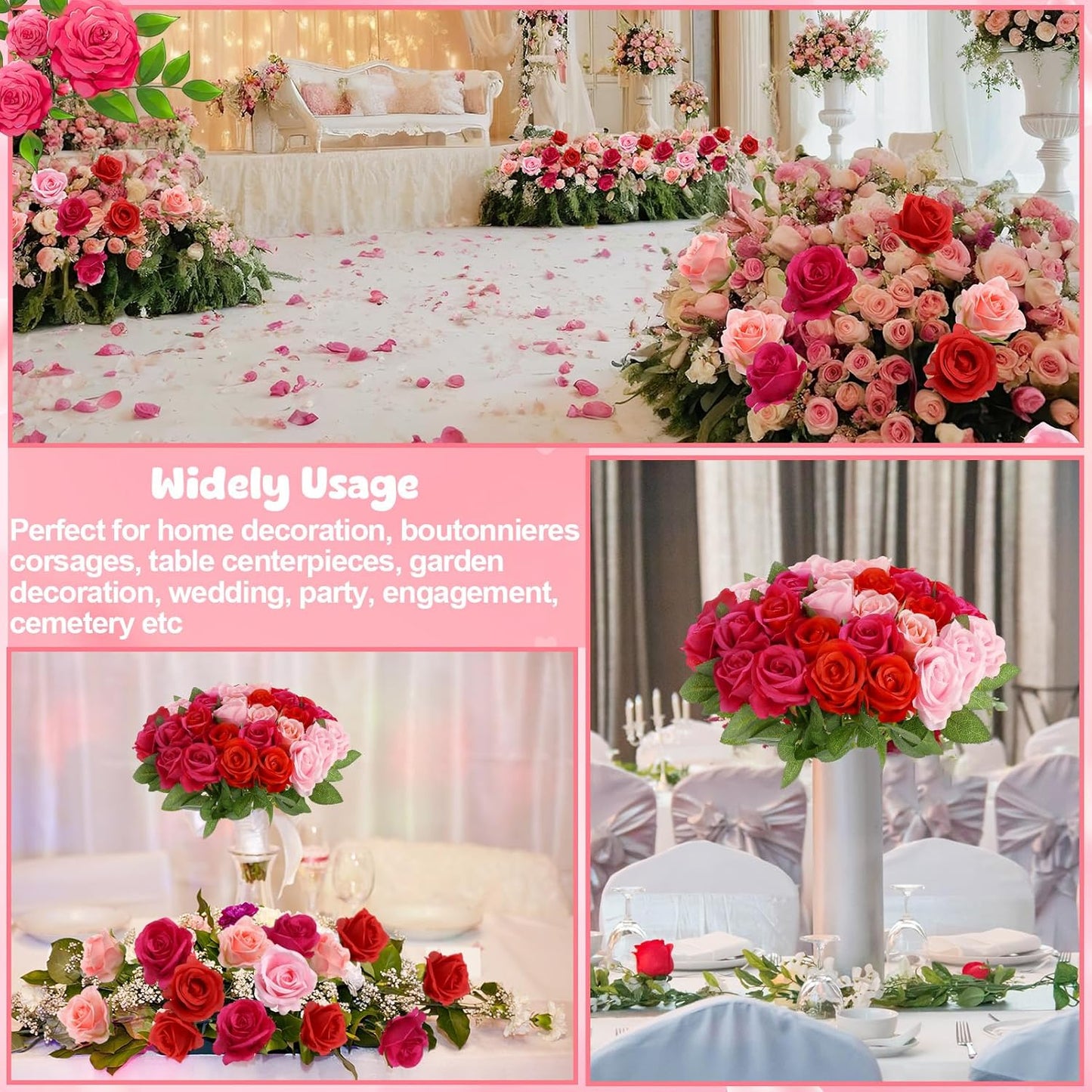 36 Pcs Mixed Pink Red Artificial Roses with Long Stems, Fake Silk Rose Artificial Flowers Bulk for Bridal Wedding Bouquet Centerpiece Ball Arrangement Party Decor