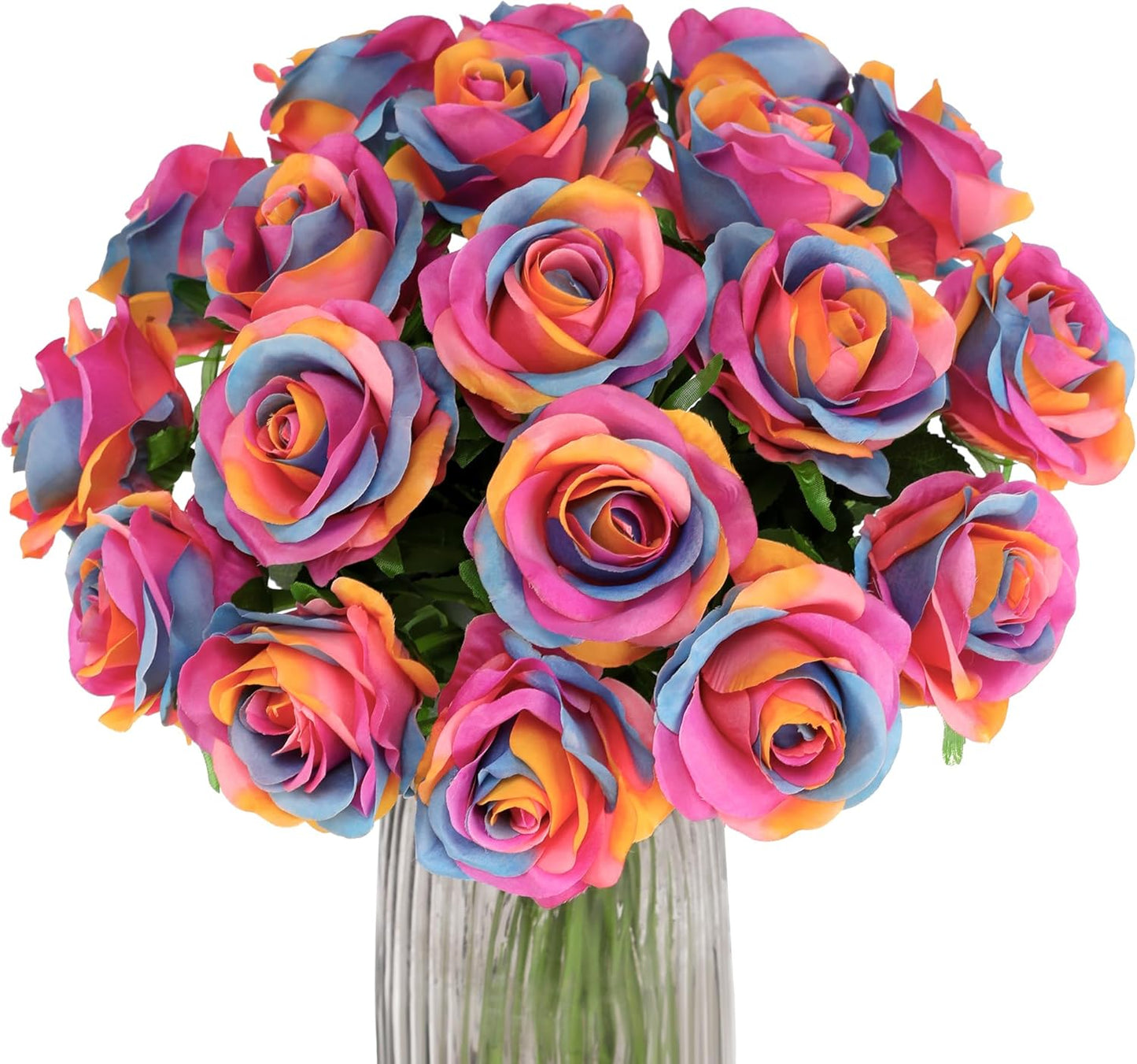 Rainbow Fake Roses Artificial Flowers - 10 Pcs Fake Artificial Roses Silk Flowers with Stems for Home Wedding Hotel Office Centerpiece Decor（Rainbow）