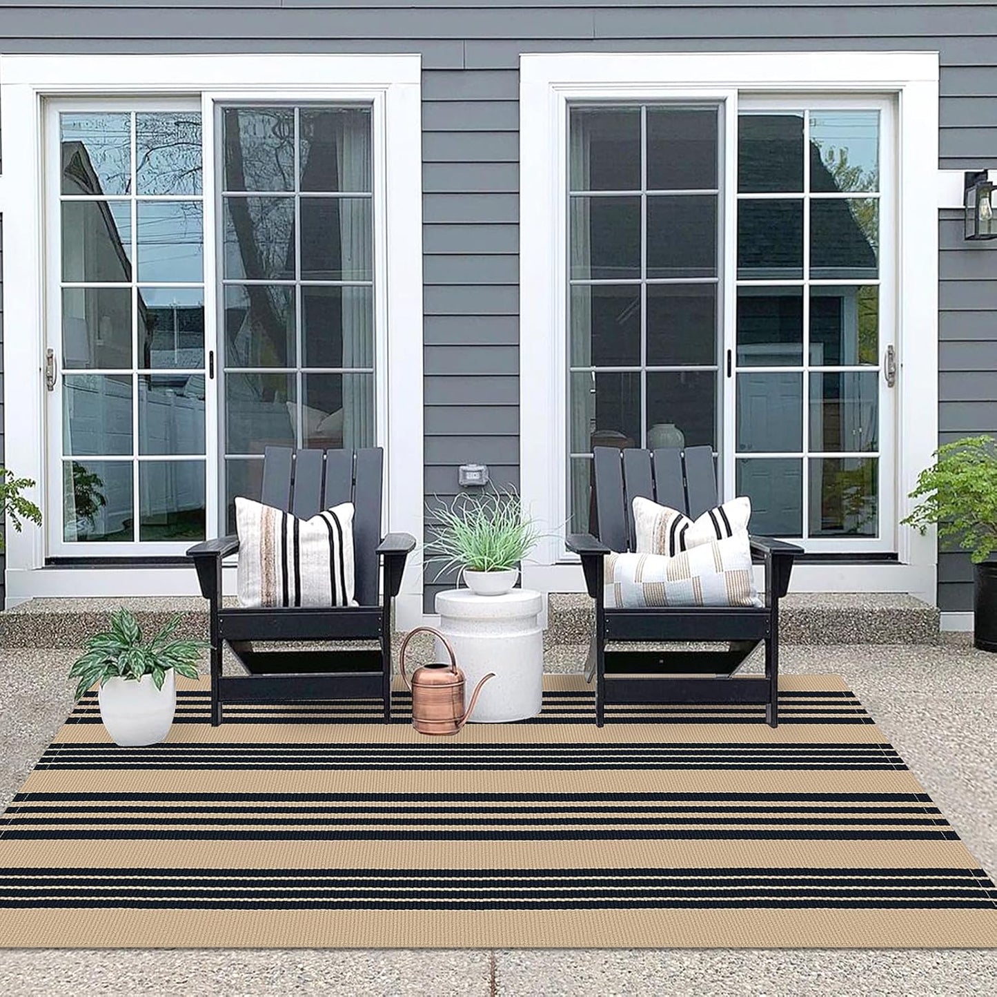 IOHOUZE Black and Tan Striped Rug 4'x6' Front Door Rugs Outdoor, Washable Area Rug for Double Front Porch, Large Patio Rug Outdoor Indoor, Doormat for Entryway Porch Entrance