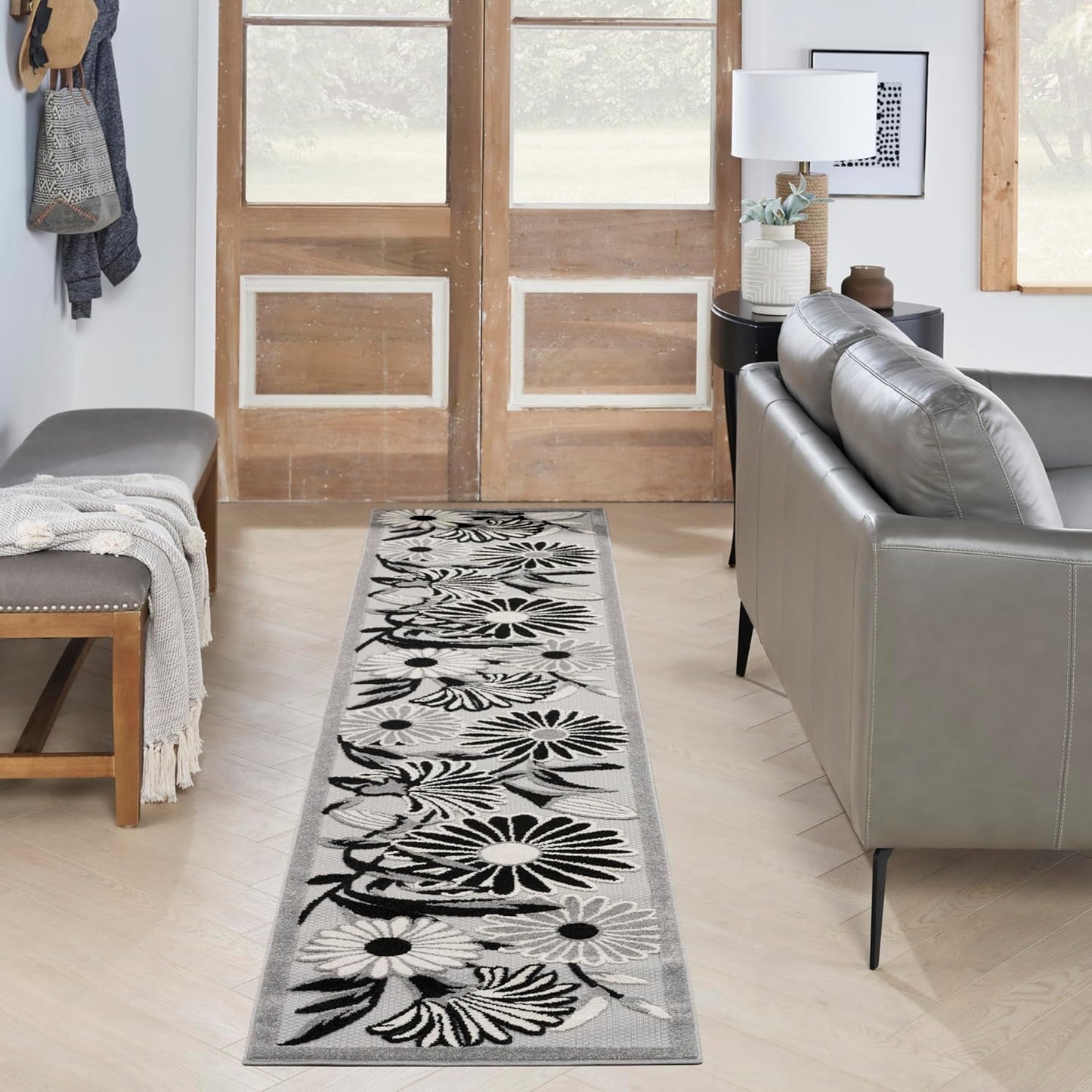 Nourison Home Aloha Black White 2'3" x 8' Area Rug, Easy Clean, Non Shedding, Bed Room, Living Room, Dining Room, Kitchen (8' Runner)