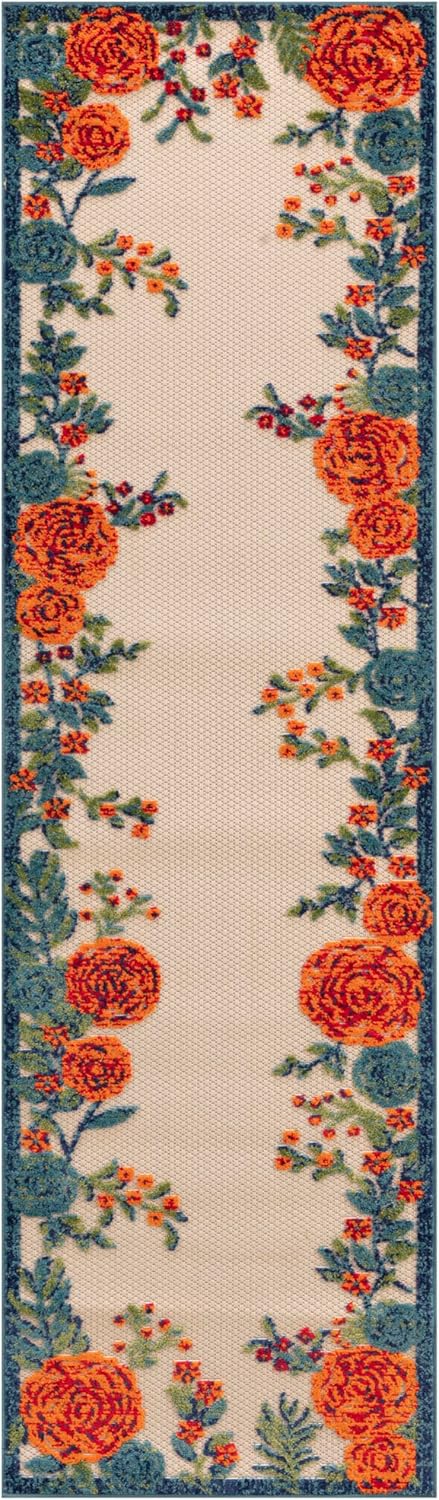 Nourison Home Aloha Indoor/Outdoor Ivory Multicolor 2' x 6' Area -rug, Easy--cleaning, Non Shedding, Bed Room, Living Room, Dining Room, Backyard, Deck, Patio (2x6)