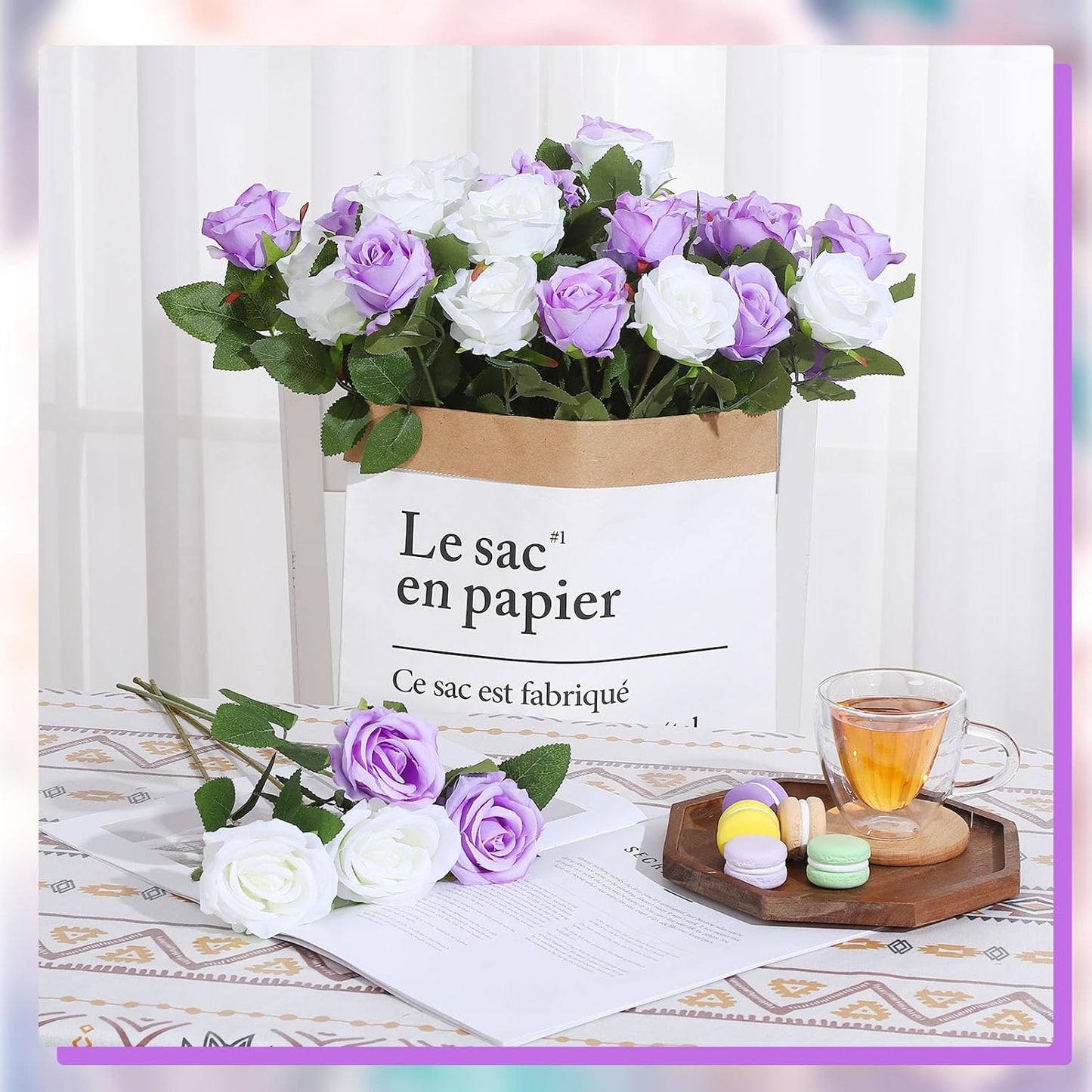 Hoemwarm 36 Pcs Silk Purple White Rose Bouquet Bridal Artificial Flowers,Fake Rose Long Stem Realistic Flowers Bulk for Wedding Bouquet Ball Arrangement Centerpiece Party Decor