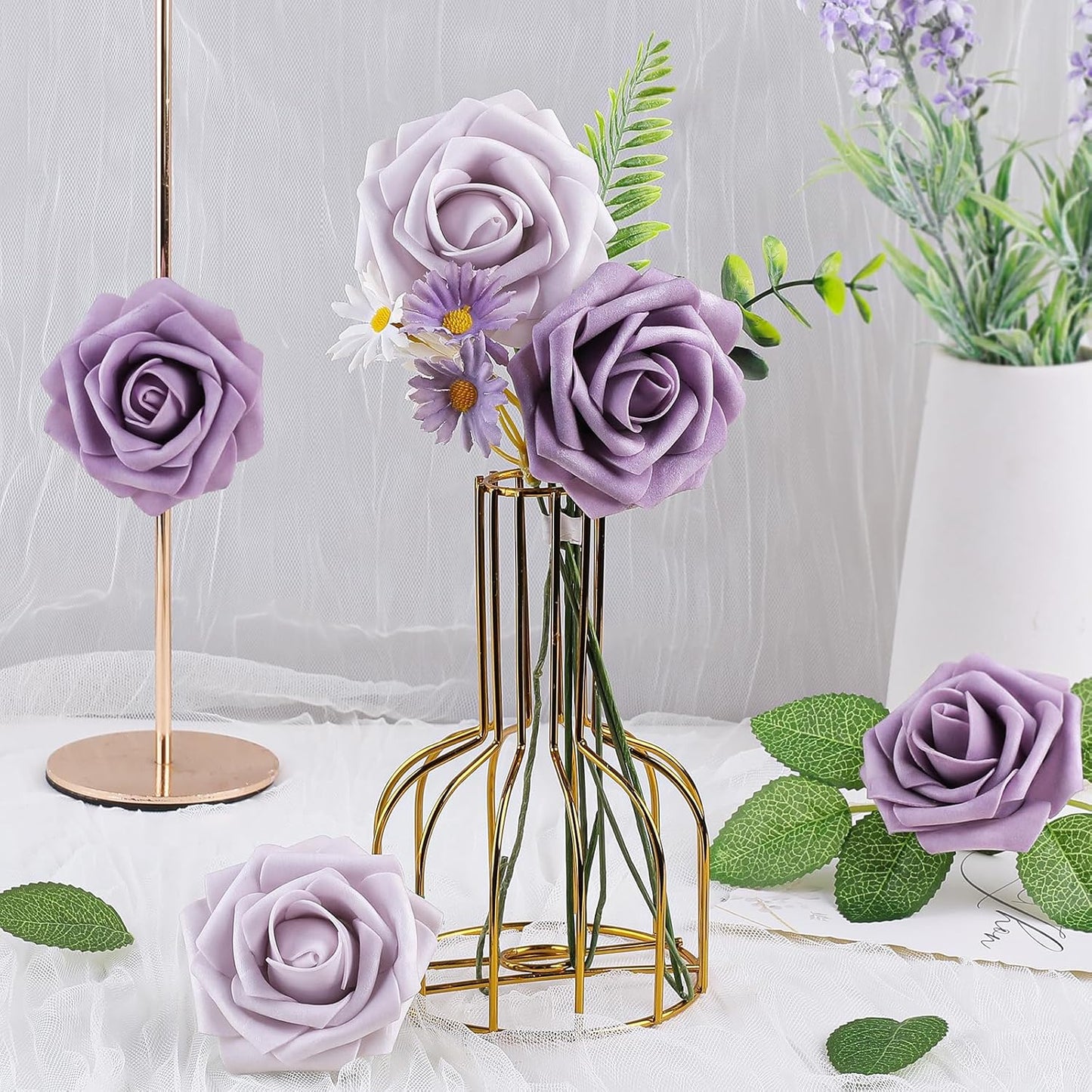 AmyHomie 25pcs Real Looking Artificial Pale Lavender Roses w/Stem for DIY Wedding Bouquets Centerpieces Arrangements Party Baby Shower Home Decorations