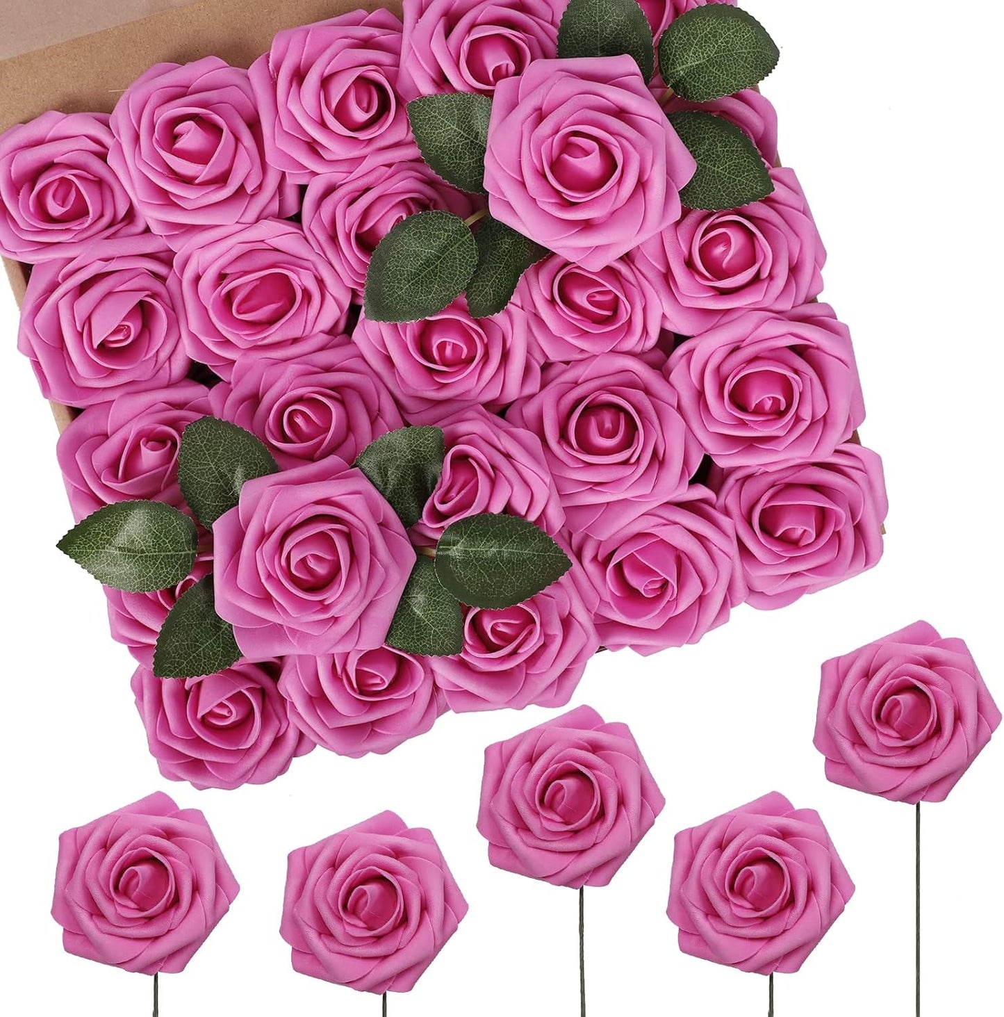 N&T NIETING Artificial Flowers, Hot Pink Artificial Roses, 50pcs Fake Flowers with Stem for DIY Wedding Bouquets Centerpieces Bridal Baby Shower Party Home Arrangement Decoration