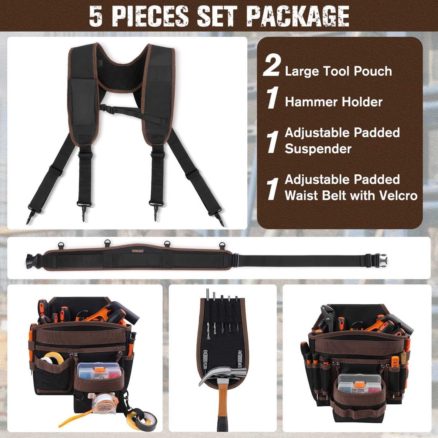 Tool Belts for Men, 36 Pockets Tool Belt with Suspenders, Heavy Duty Tool Belt Suspenders with Detachable & Adjustable Tool Pouches Bag for Electrician, Carpenter, Construction, Framers(35"-61")