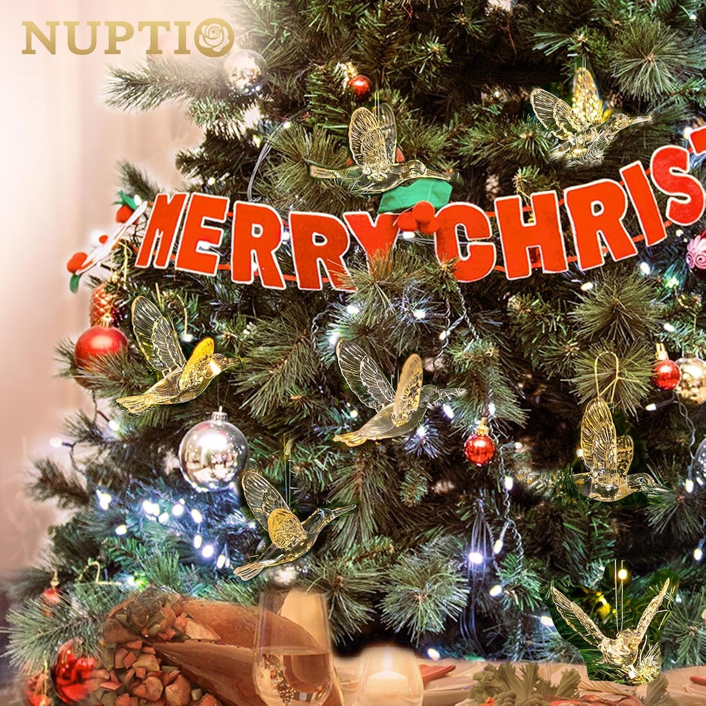 NUPTIO Crystal Ceiling Hanging Ornaments: 100 Pcs Acrylic Flying Birds for Wedding Party Window Garden Bedroom Outdoor Birthday - Christmas Tree Decorations with Transparent Line