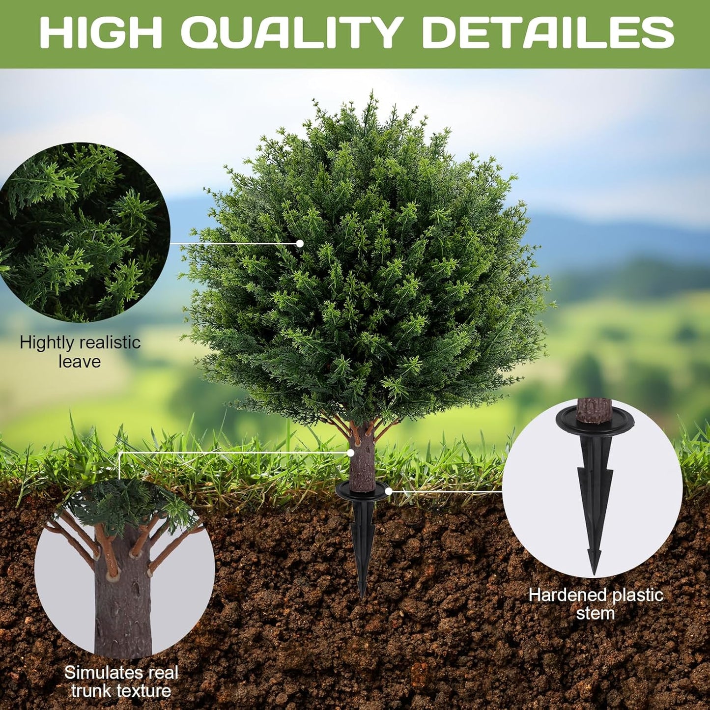 Artificial Cedar Topiary Ball Tree 23" with Ground Spike, Set of 2 Artificial Boxwood Bushes for Faux Shrubs, Fake Evergreen Faux Plant for Indoor Outdoor Porch Garden- UV Resistant – Fade-Proof