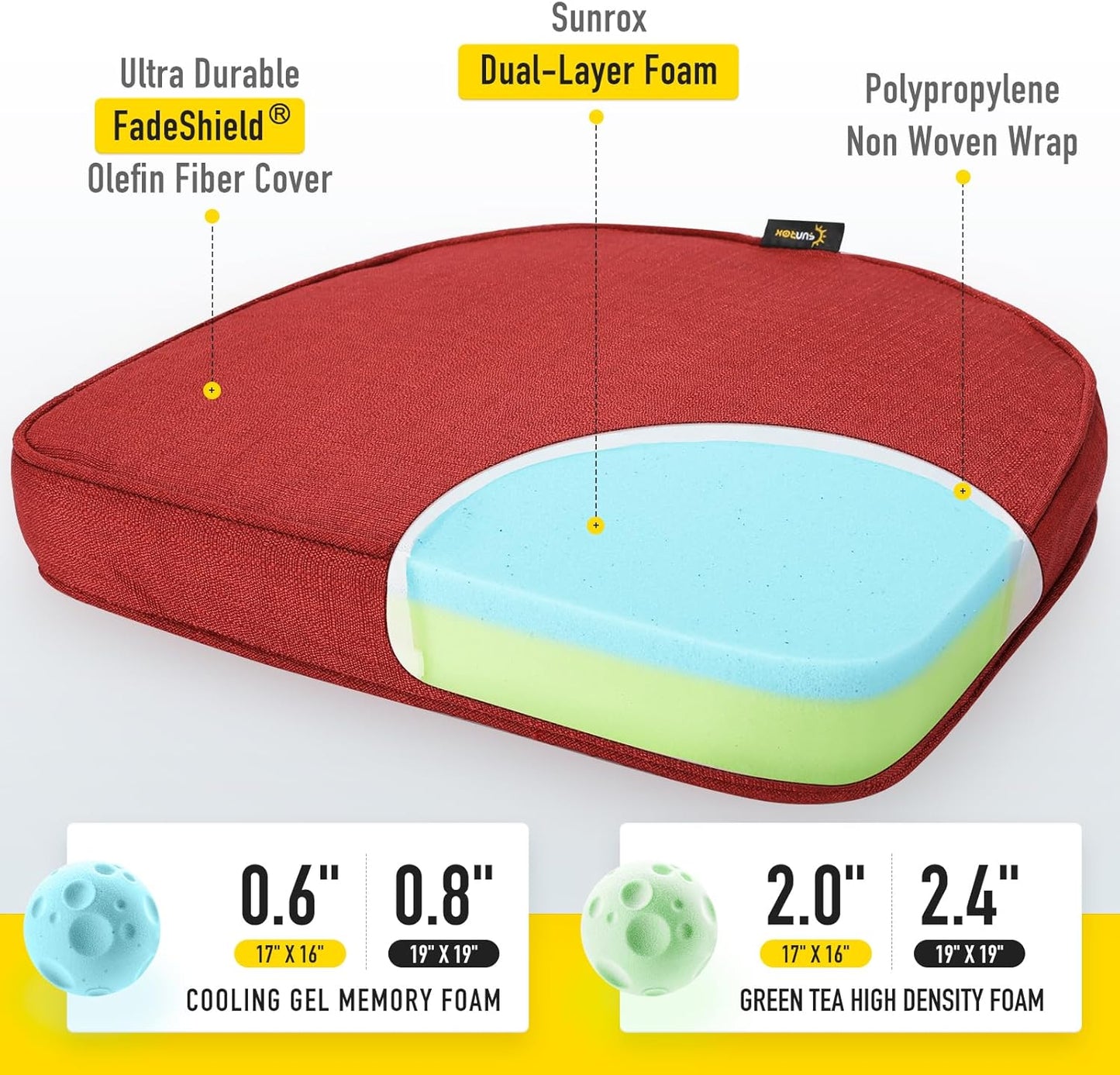 SUNROX Gel Memory Foam Chair Cushions, FadeShield Water-, Stain-Resistant Durable Reversible Seat Cushion Pads with Ties for Indoor/Outdoor Kitchen Dining Office, 19"x19", Set of 4, Burgundy