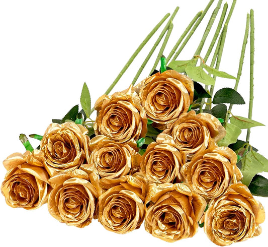 Hawesome 12PCS Artificial Silk Flowers Realistic Roses Bouquet Long Stem for Home Wedding Decoration Party (Gold-1)