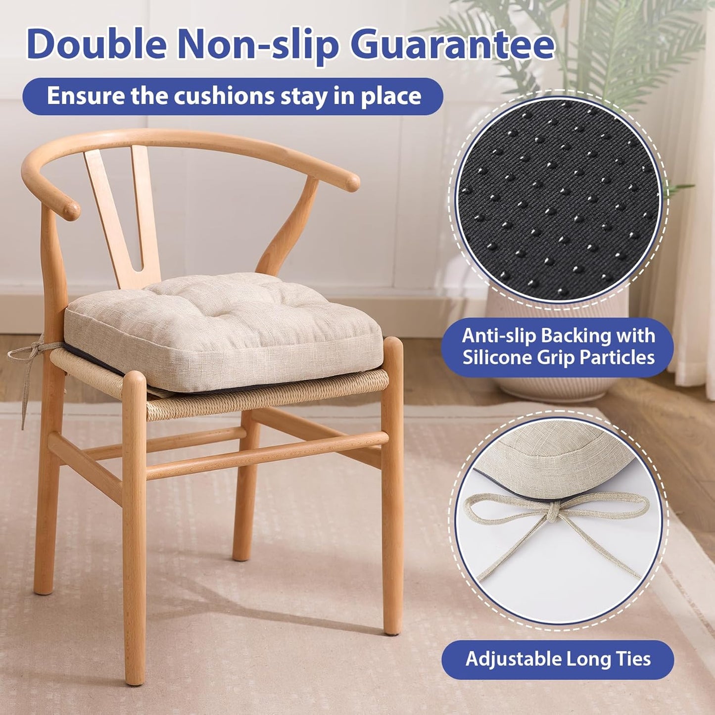 Chair Cushions, Foam Dining Chair Cushions, Tufted Indoor Chair Pads, Set of 6, Beige, 16.5” x 16.5” x 3.5”