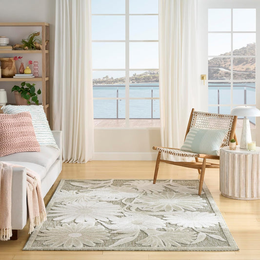 Nourison Aloha Ivory Sage 5'3" x 7'5" Area Rug - Easy Clean, Non Shedding, Bed Room, Living Room, Dining Room, Kitchen (5' x 8')