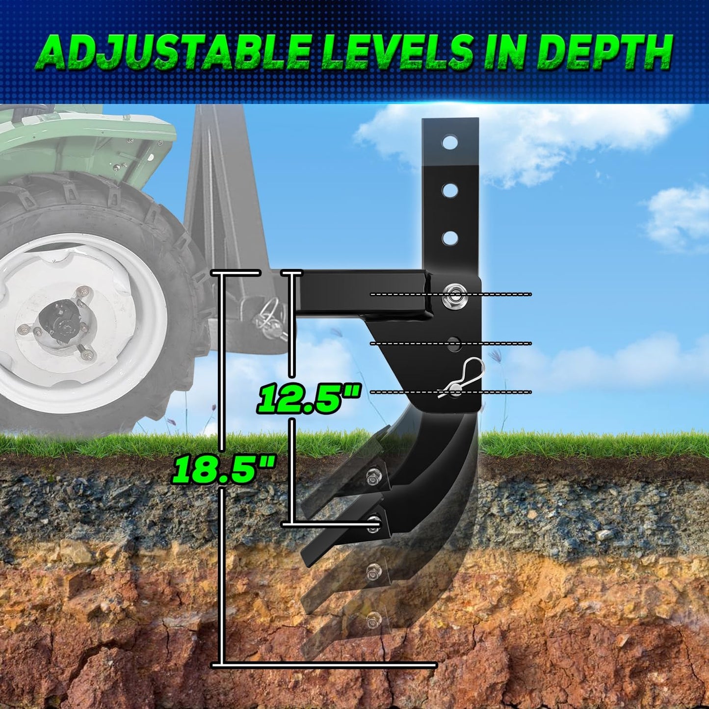 3 Point Trencher Ripper Attachment fit 2" Receivers, Hitch Mounted Ripper for Tractor Lawn Mower ATV UTV, Adjustable Subsoiler Plow with Replacement Plough Blade in Garden Farm Bury Pipes Sow Seeds
