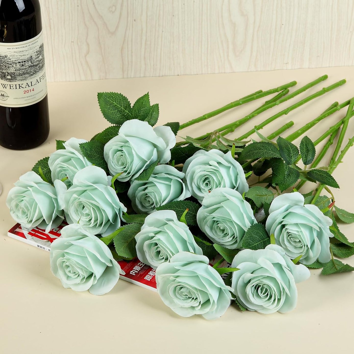 12pcs Roses Artificial Flowers Fake Roses Sage Green Silk Roses White Silk Flowers Rose with Long Stems for Wedding Home Party Centerpieces Decorations