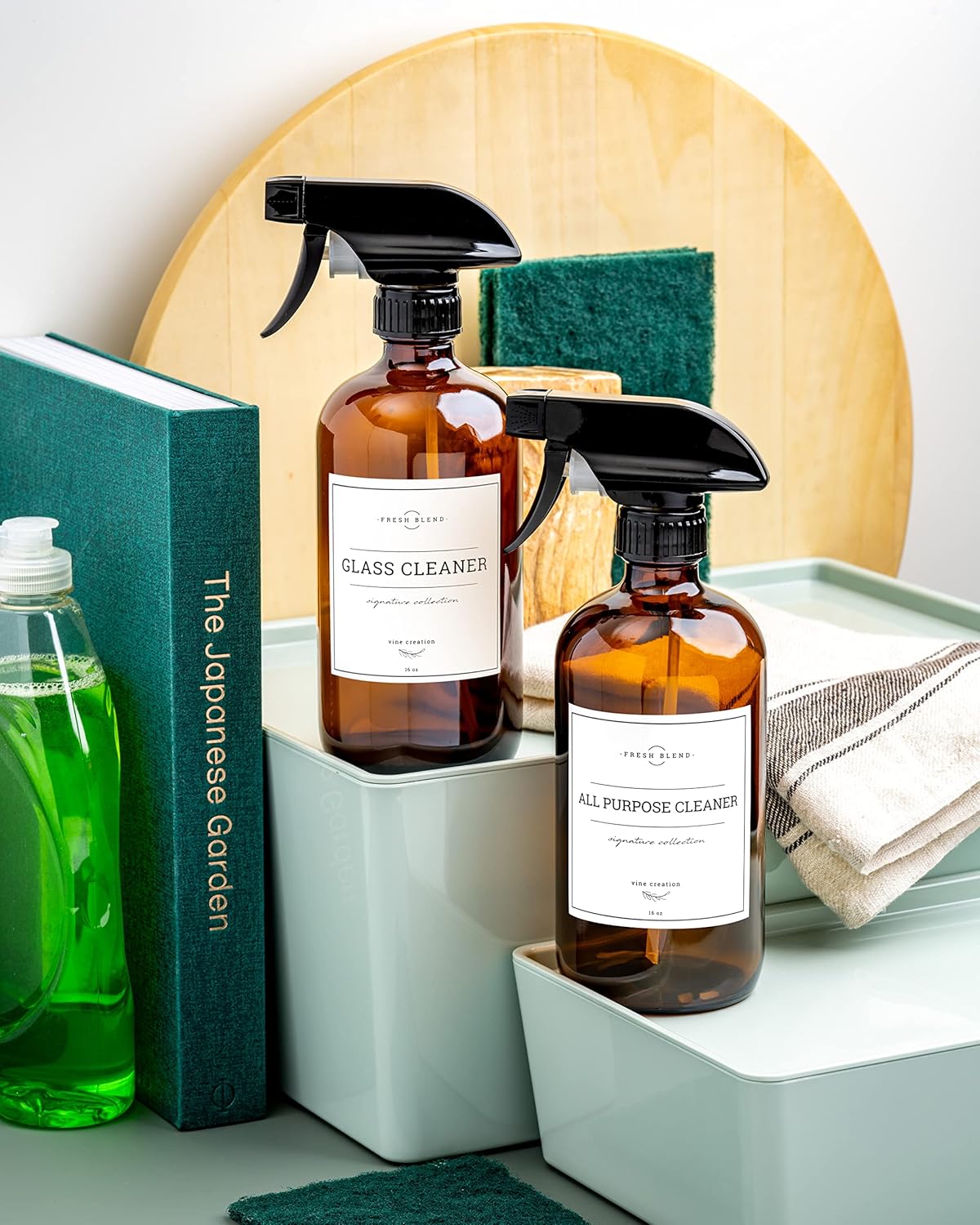 Vine Creations Amber Glass Spray Bottles, 2 Pack Glass Refillable Bottles for Cleaning solutions, 16 oz Spray Bottle for Cleaning, Mister Spray Bottle, Amber Spray Bottles with Waterproof Labels