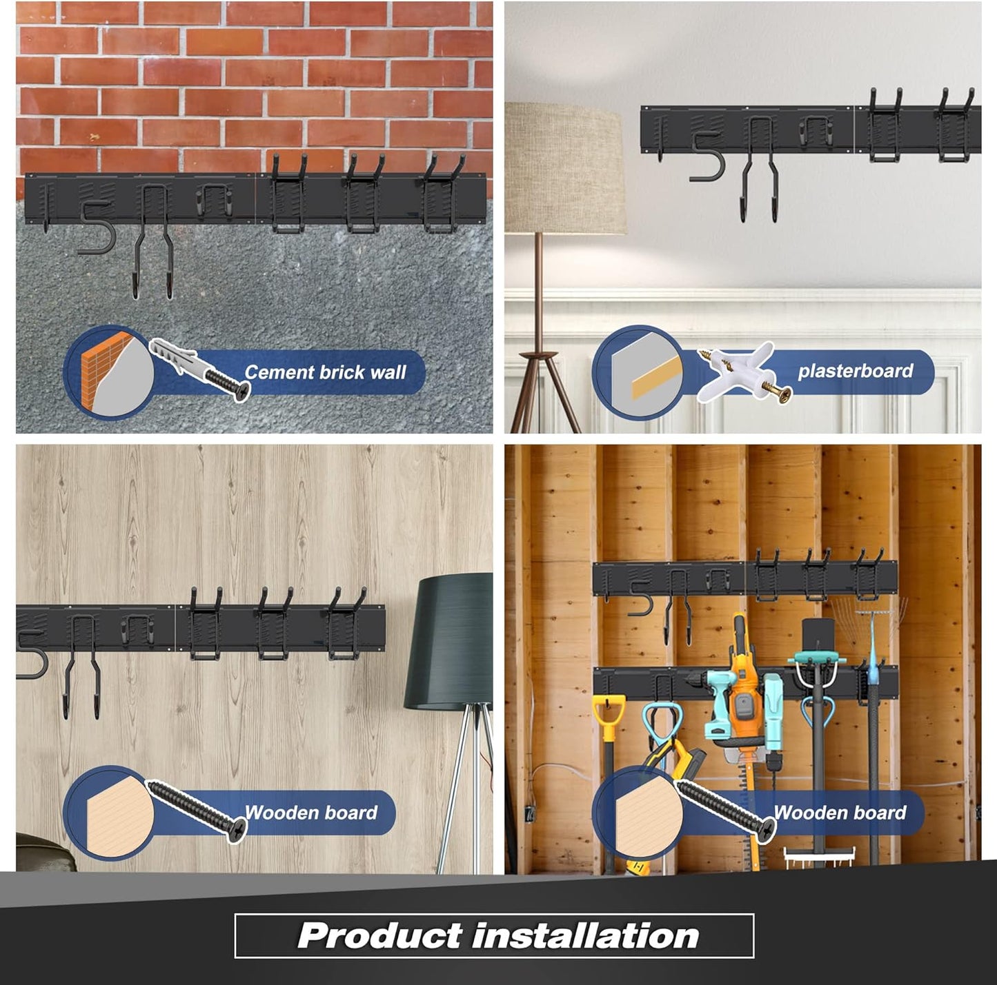 Garage Tool Storage Rack, Heavy Duty Garage Storage Organizer Rack System Wall Mounted Tool with 6 double hooks, 2 rails, Garden Yard Tools Hanger Rack for Ski Gears, Broom, Rake,Shovel