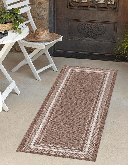 Unique Loom Outdoor Border Collection Area Rug - Soft Border (2' x 8' Runner, Brown/ Ivory)