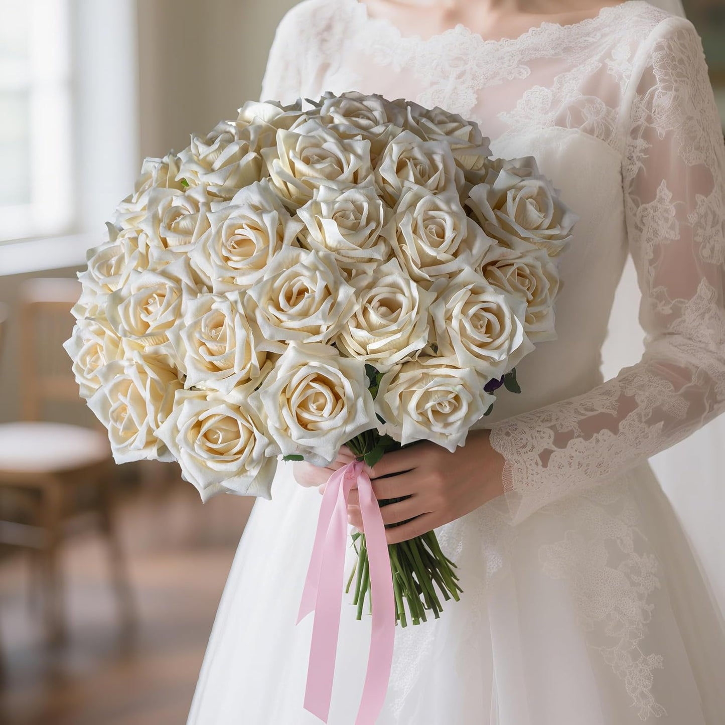 Fake Roses Faux Flowers Silk Roses 36PCS Artificial Roses with Stems Realistic Artificial Flowers Suitable for Indoor Home Decoration DIY Bouquet Wedding Decor Party Decor 16.5In (White)