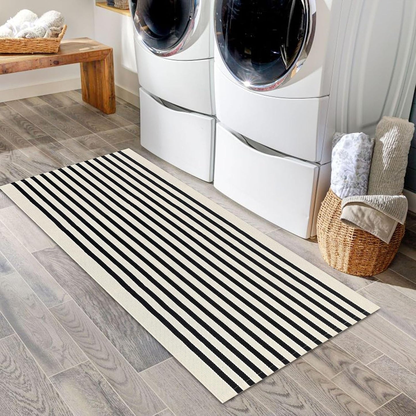 IOHOUZE Black Beige Striped Rug -2'x4.3' Front Door Rugs Outdoor, Small Washable Area Rug for Front Porch, Spring Summer Welcome Mats Outdoor Indoor, Doormat for Entryway Porch Entrance