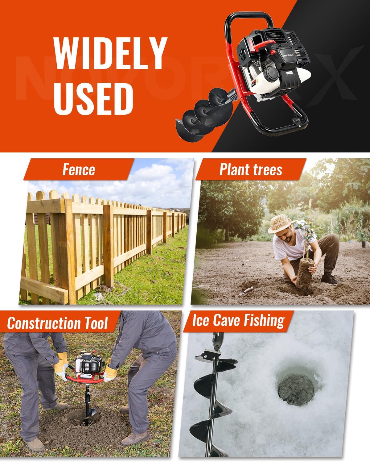 Post Hole Digger 52cc 1400W with 2 Earth Auger Drill 6"& 8" Bits, Auger Gas Powered Heavy Duty for Tree Planting Fence Gardening Ice Auger