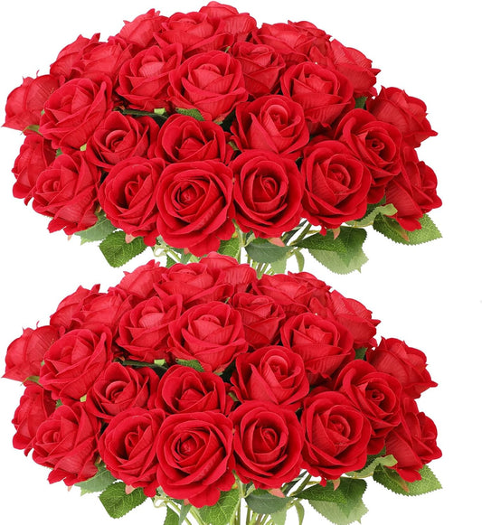 55 PCS Fake Roses Artificial Flowers Bulk, Red Roses Bridal Bouquet Silk Faux Rose with Stems for Wedding Flowers Decoration, Valentine's Day, Bridal Bouquet, Anniversary,Home Decor (55PCS, Red)