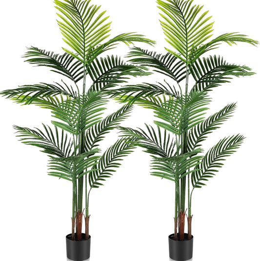 Jexine 2 Pack Artificial Palm Trees 5Ft, Fake Plants Fake Trees Artificial Areca Palm Plants for Outdoor Indoor Faux Palm Tree in Pot for Pool Home Decor Office Housewarming Gift Modern Decoration