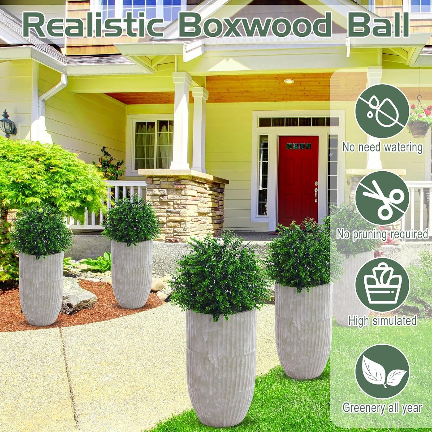 Yunlly 4 Pcs 18 Inch Artificial Boxwood Ball Topiary Tree Fake Outdoor Plants Bush, UV Resistance Faux Shrubs with Spike Realistic Greenery Potted for Indoor Garden Yard Porch Patio Decor (Green)