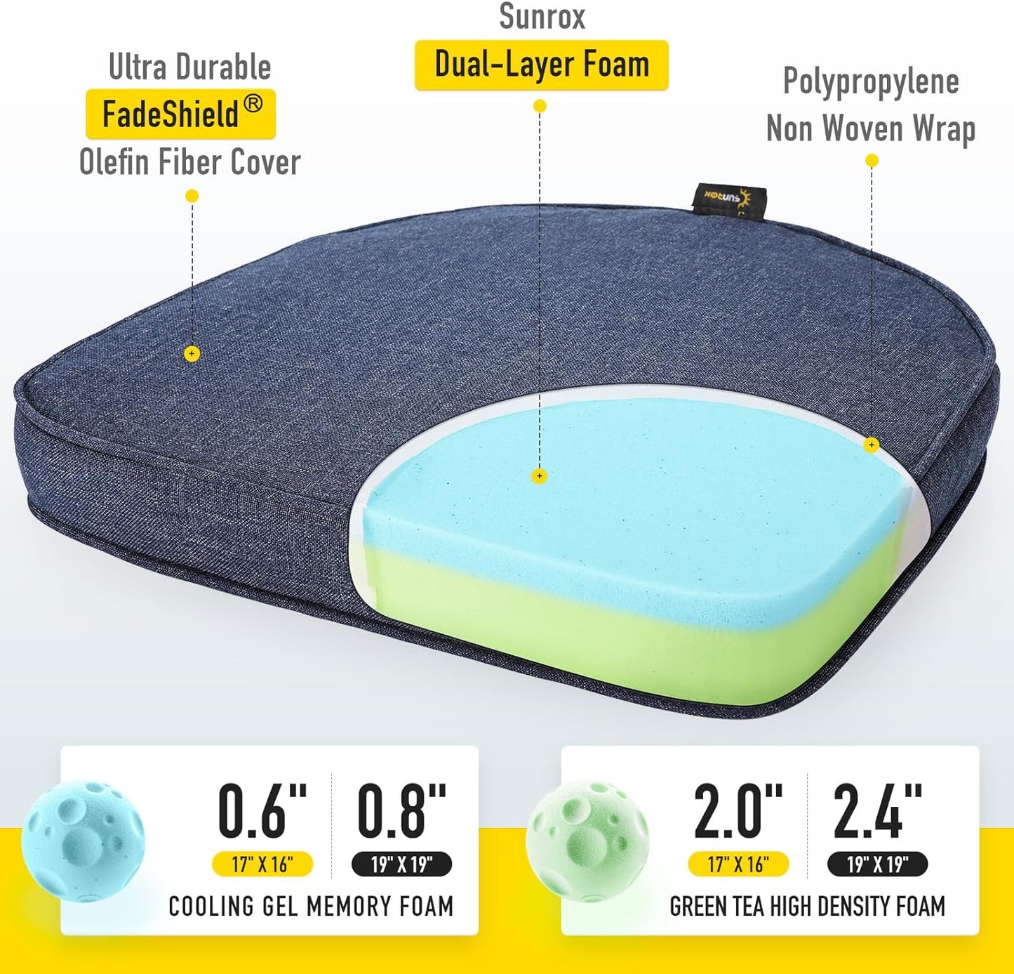 SUNROX Gel Memory Foam Chair Cushions, FadeShield Water-, Stain-Resistant Durable Reversible Seat Cushion Pads with Ties for Indoor/Outdoor Kitchen Dining Office, 17"x16", Set of 6, Heather Indigo