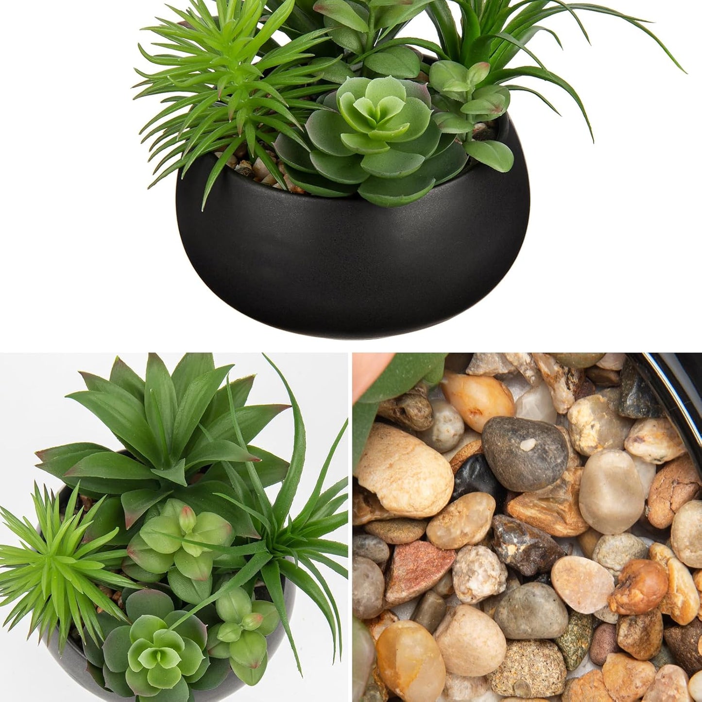 Fake Plants Artificial Succulents in Pots Faux Succulent Arrangement Potted Plant in Black Ceramic Planter Bowl for Home Decor Office Desk Bathroom Shelf Living Room Indoor Decorations