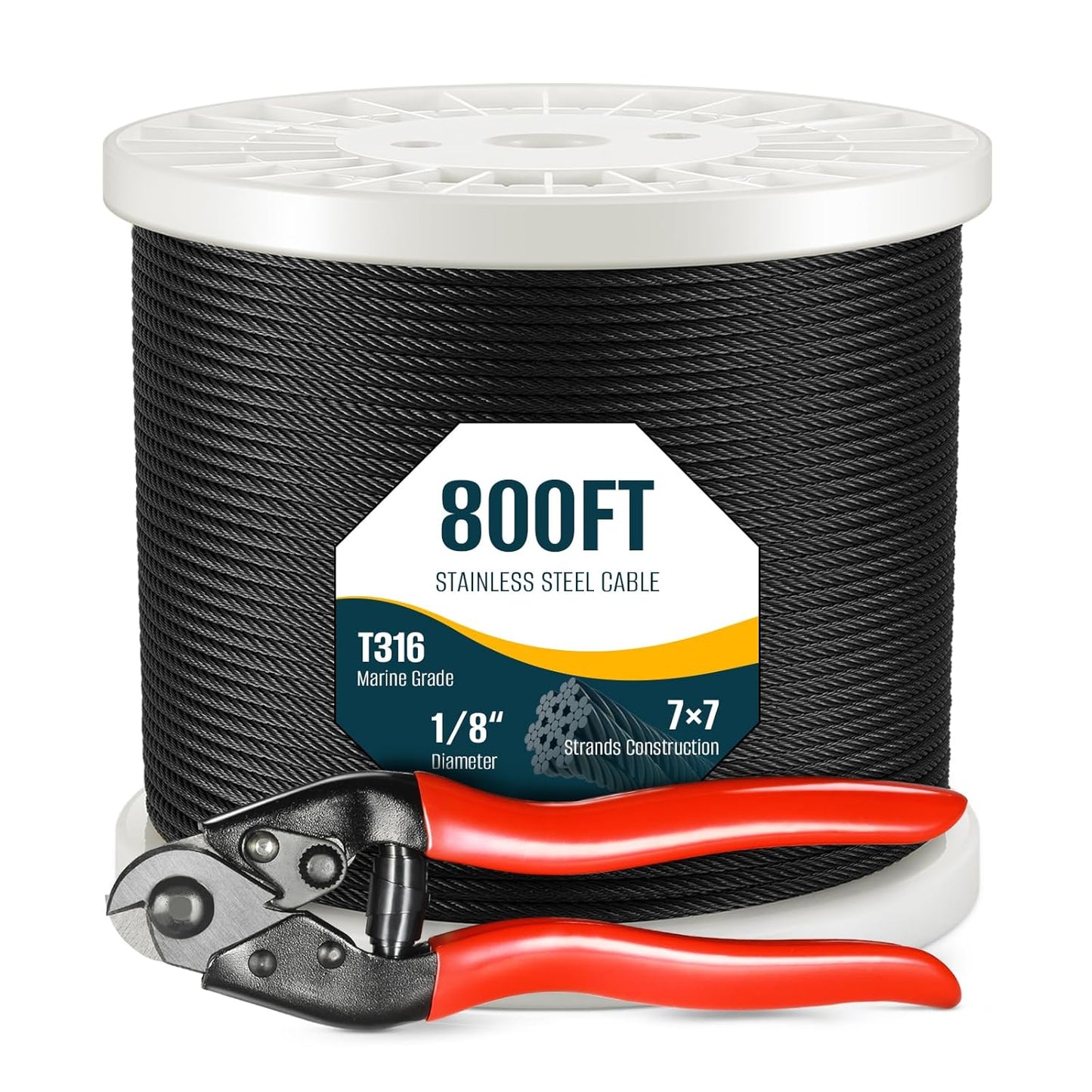 800FT 1/8" Black T316 Stainless Steel Cable, 7x7 Strands Construction, Black Wire Rope Aircraft Cable for Indoor, Outdoor, Deck Fence Railing, and DIY Balustrades