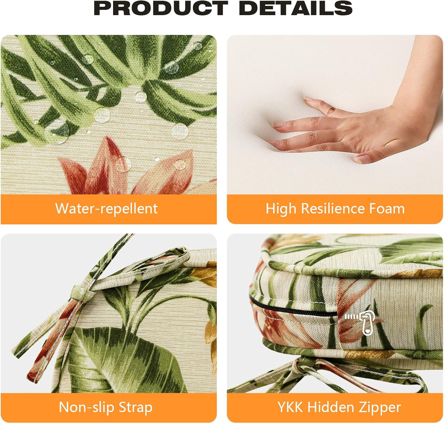 Round Corner Seat Cushions, 17" x 16" x 2", Set of 4, Indoor Outdoor Water Repellent Universal Chair Pads with Ties for Patio Furniture, Garden Deck Dining Chairs, Leaf and Flower