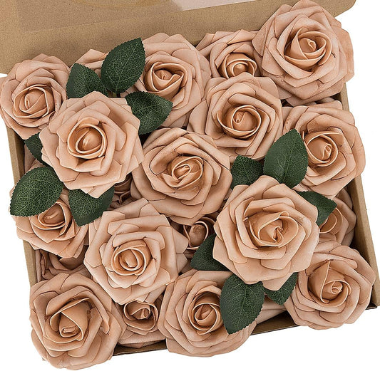N&T NIETING Artificial Flowers, 25pcs Foam Roses Fake Flowers for DIY Wedding Bouquet Party Baby Shower Decoration, Home Display, Dusty Brown