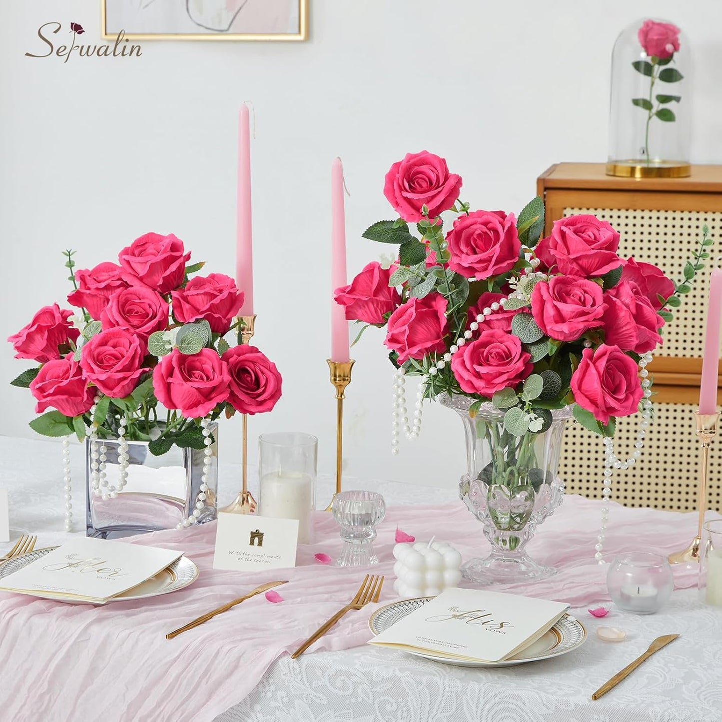 Serwalin 30pcs Artificial Silk Roses Flowers, Hot Pink Artificial Roses with Long Stems Bulk Realistic Fake Roses Flowers for DIY Wedding Bouquet Centerpieces Party Home Table Decor