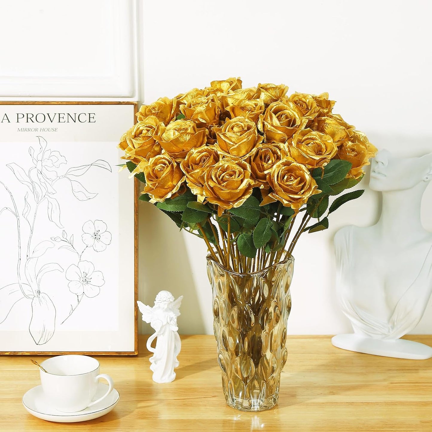 36 Pcs Gold Artificial Roses with Long Stems, Fake Silk Rose Artificial Flowers Bulk for Bridal Wedding Bouquet Centerpiece Ball Arrangement Party Decor