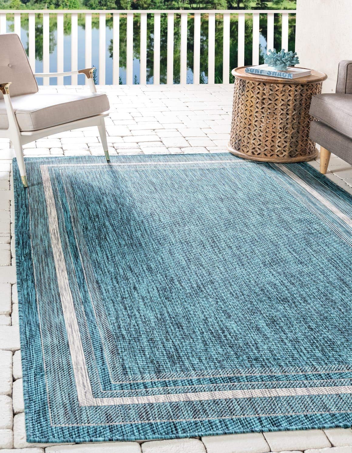 Unique Loom Outdoor Border Collection Area Rug - Soft Border (8'x 11' 4" Rectangle, Teal/ Ivory)