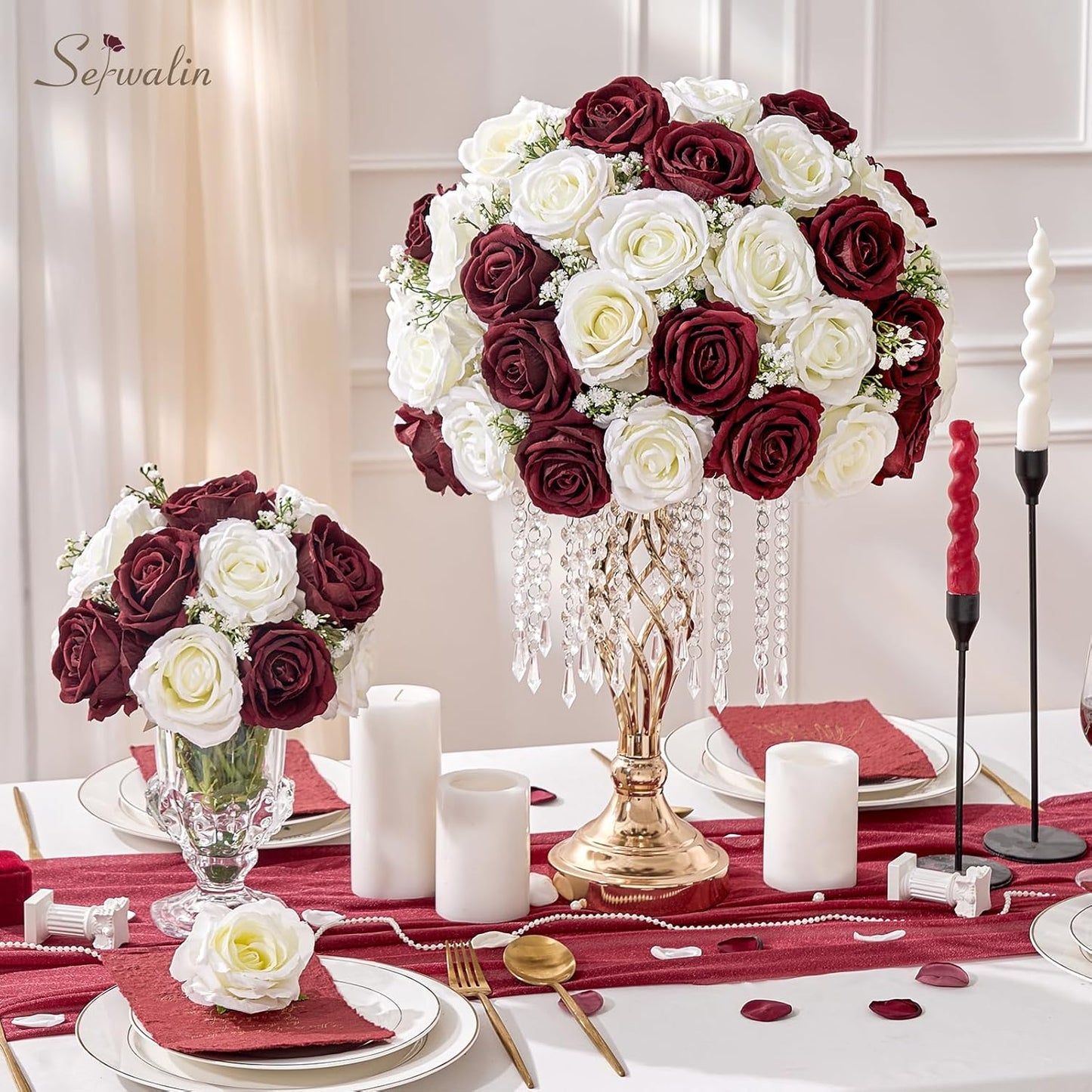 Serwalin 20pcs Artificial Dark Red Roses, 4'' Big Velvet Flower Head Fake Roses, Realistic Silk Roses Real Touch Bouquet Long Stems for Wedding Home Decor and Table Centerpiece