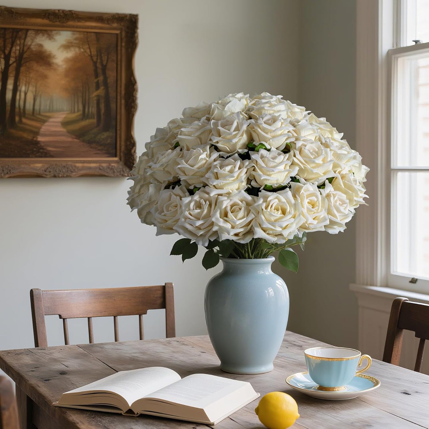 Fake Roses Faux Flowers Silk Roses 36PCS Artificial Roses with Stems Realistic Artificial Flowers Suitable for Indoor Home Decoration DIY Bouquet Wedding Decor Party Decor 16.5In (White)