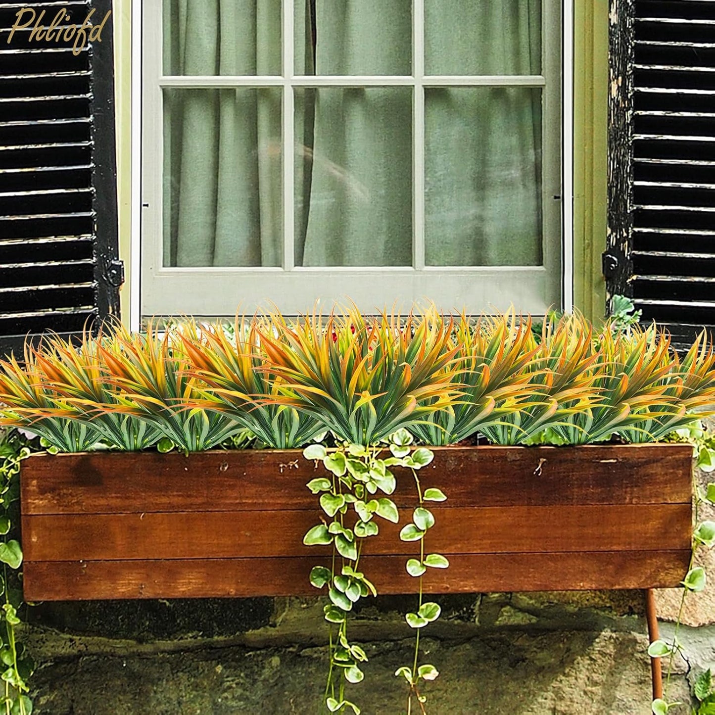 16Pcs Artificial Grass Fake Plants 17.3in Outdoor Plastic Plants UV Resistant Greenery Fake Grass for Home Window Garden Office Patio Hanging Planter Pathway Front Porch Décor Orange Yellow