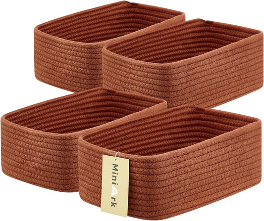 Small Storage Baskets for Organizing | Closet Organizer Bins | Shelf Toy Basket | Woven Rope Baskets | Cube Decorative Box | Shallow Basket | 11.5x7.5x4.7” | 4 Packs Oxide Red