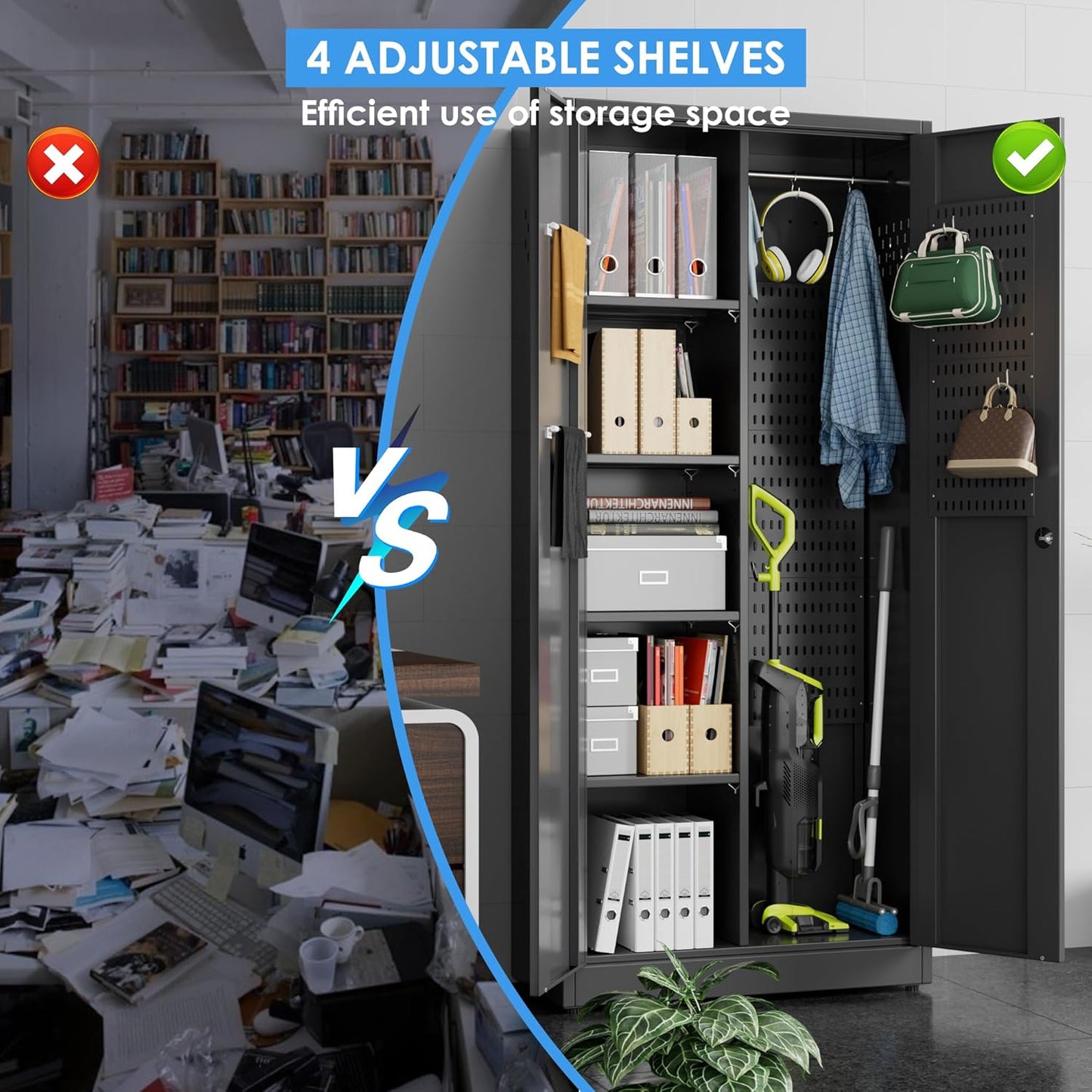 Broom Closet Storage Cabinet with 5 Pegboard, Hanging Rod &13 Hooks, Utility Metal Garage Storage Cabinets with Doors and 4 Shelves for Garage Home Storage, Black,71.5" H x 34" W x 17" D