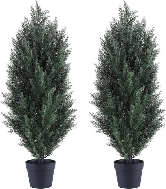 THE BLOOM TIMES 3ft Topiary Trees Artificial Outdoor 2 Pack – UV Resistant Faux Cedar Pine Cypress Bushes and Shrubs, Fake Potted Plants for Front Porch Outside Planter Patio Decor, Set of 2 (3 Foot)